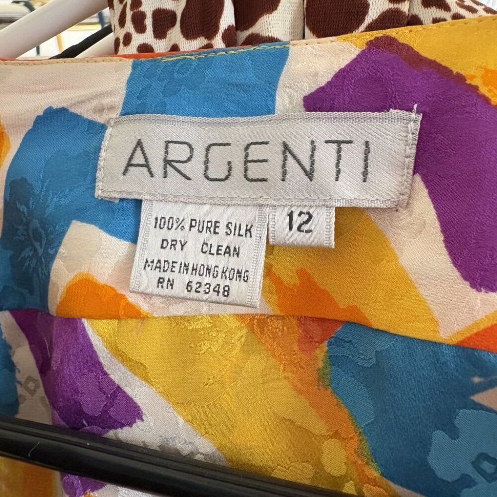 vintage 80s silk wrap blouse top shirt white yellow brush stroke print Argenti L - Picture 10 of 10